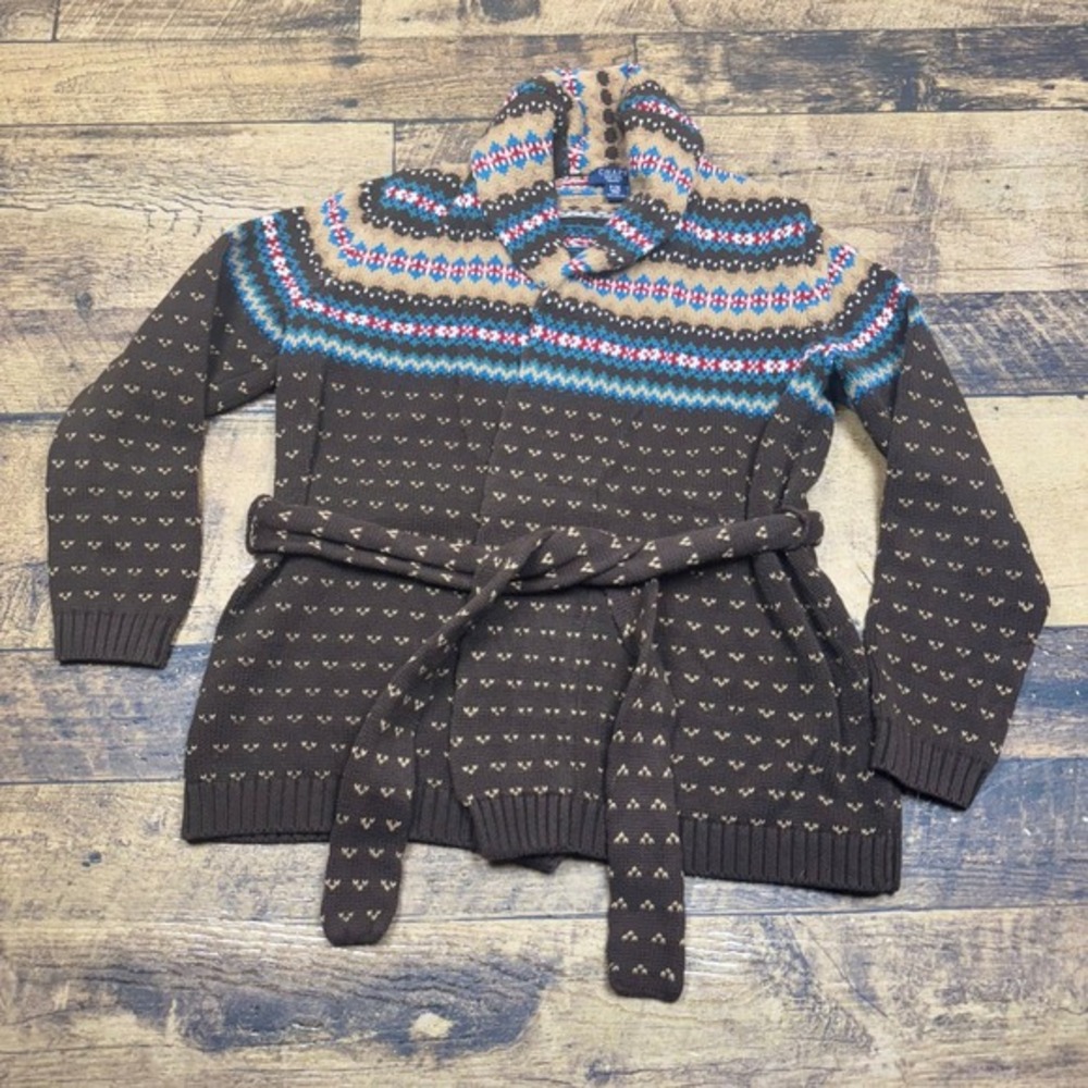 Chaps Nancy‎ Vale Petite Cardigan Sweater Open Front Fair Isle Print Belted P/M